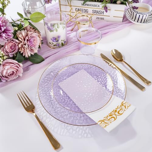 Rubtlamp 350 Pcs Clear Purple Plastic Plates, Gold Plastic Dinnerware Set (50 Guests), Purple Disposable Plates With Gold Rim, Hammered Party Plates Set for Wedding And Party - Image 3
