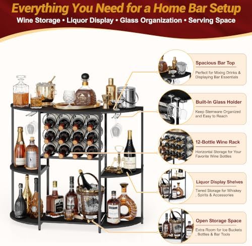 JKsmart Home Bar Cabinet with 12 Bottle Wine Rack, 3-Tier Liquor Cabinet with Glass Holders, 3-Sided Open Bar Shelf for Whiskey, Spirits, Wine Storage and Home Bar Accessories - Image 2
