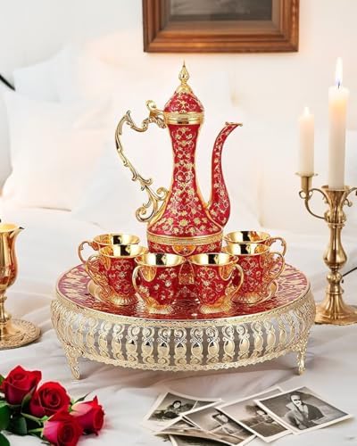 Turkish Tea Set Vintage Coffee Pot with Shiny Crystal Tray and 6 Cups for Home Party Table Decor Red - Image 2