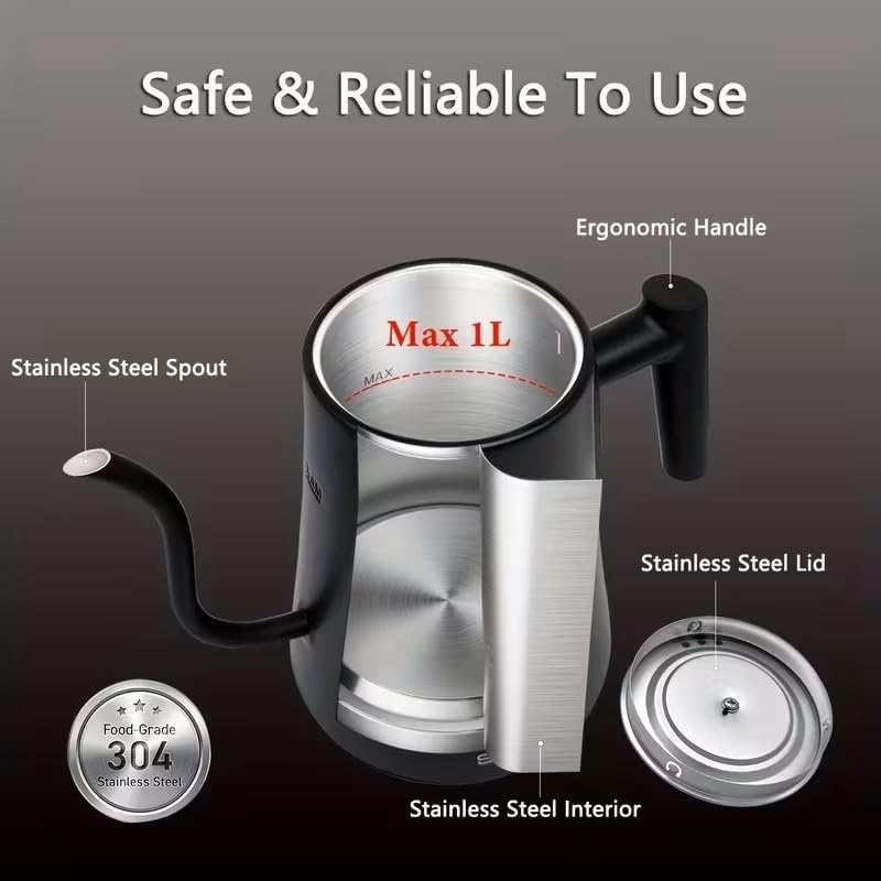 Gooseneck Electric Kettle with ±1°F Temperature Control - 1.0L Pour Over Coffee Kettle & Tea Maker, 1200W Fast Heating, 24H Keep Warm, Built-in Brew Timer, 100% Stainless Steel Interior - Image 6