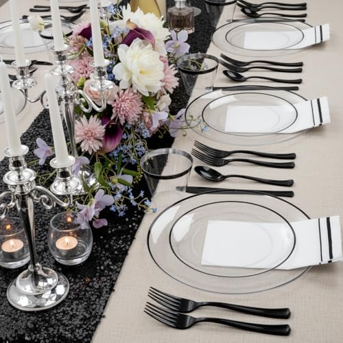 NOCCUR 350PCS Clear and Black Plastic Plates - Disposable Dinnerware Set for 50 Guests Include 100 Dinner/Dessert Plates,150 Black Cutlery,50 Cups&50 Napkins Ideal for Party/Birthday/New Year - Image 4
