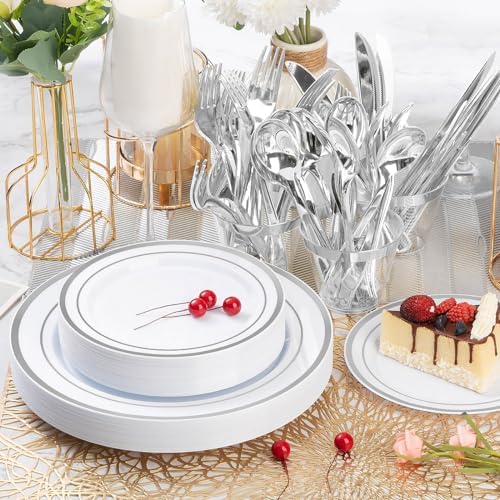 BESTVIP 600PCS Silver Plastic Plate Set (100 Guests), Disposable Plates for Party Wedding Birthday, Dinnerware Set of 200 Plastic Plates, 200 Forks, 100 Spoons, 100 Knives for Christmas - Image 7