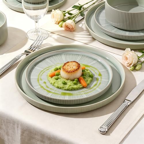 Stoneware Dinnerware Sets for 4, 12-Piece Plates and Bowls Set, Light Green - Image 5