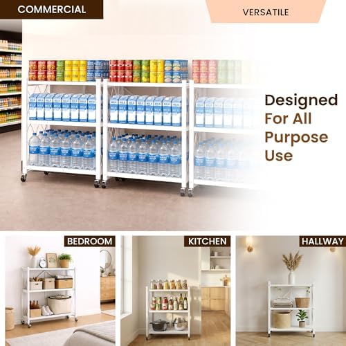 Our Modern Space 3-Tier Foldable Storage Shelf with Wheels | Metal Rack Collapsible Shelving Display | Rolling Cart for Books Kitchen Storage Shelves | Pantry & Closet Organizer | Office Room Decor - Image 5