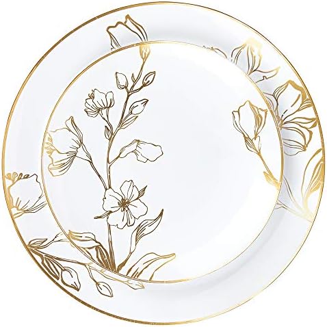 PLASTICPRO 64 Piece Combo Plates Set includes 32 7'' inch Plates & 32 10'' inch Plate White Plastic Floral Design Party Plates With Gold Rim, Premium heavyweight Elegant, Disposable, Dishes, by PLASTICPRO