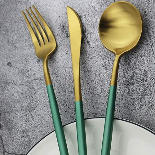 Green Handle Matte Gold Silverware, Gugrida 5-Piece 18/10 Stainless Steel Flatware Set, Kitchen Utensils, Tableware Travel Cutlery for Camping Office Lunch, Satin Finish, Dishwasher Safe - Image 5