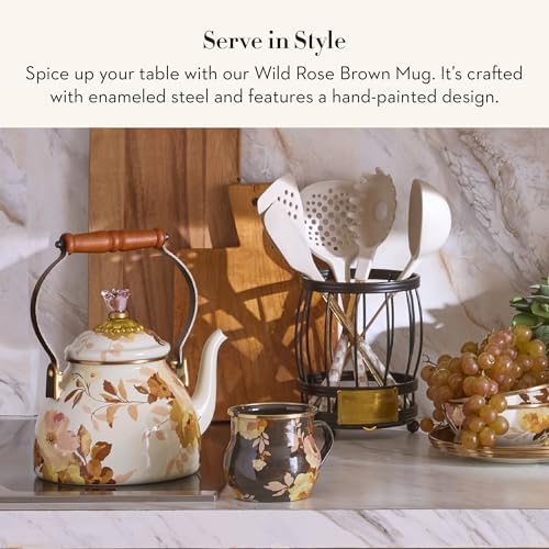 MACKENZIE-CHILDS Enamel Mug, Cute Enamelware Tea or Coffee Mug, Wild Rose Brown (Pack of 2) - Image 2