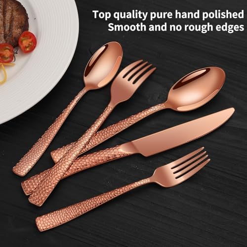 40-Piece Silverware Set, Rose Gold Hammered Stainless Steel Flatware Sets for 8, Food-Grade Tableware Set, Including Fork Knife Spoon Set, Home Kitchen Cutlery Sets, Dishwasher Safe - Image 6