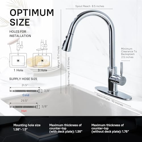 WEWE Pull-Down Kitchen Faucet, 3-Mode Sprayer, Polished Chrome, High Arc - Image 2