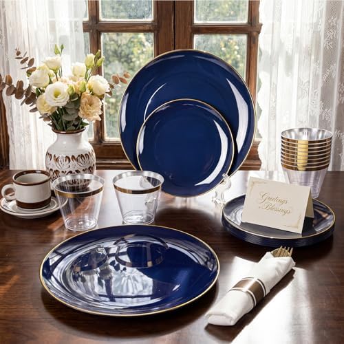 KIRE 175Pcs Blue Plastic Plates - Navy Blue Plates Disposable - 25 for Dinner 25 for Dessert 25 Pre Rolled Napkins with Gold Plastic Silverware and 25 Cups for Wedding/Party/Hanukkah/Christmas - Image 6