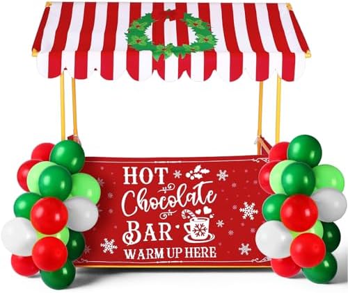 SmoothNovelty Christmas Hot Chocolate Bar Stand Decor Supplies Kit Warm up Here Hot Cocoa Coffee Shop Accessories Photo Booth Props Include Shelf, Banner, Roof, Balloons for Christmas Winter Party by SmoothNovelty