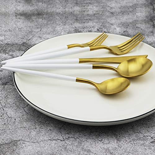 20-Piece 18/10 Stainless Steel Flatware Silverware, Luxury Dinnerware Set Travel Cutlery Tableware Include Knife Fork Spoon Service for 4, Dishwasher Safe (White Handle Matte Gold) - Image 5