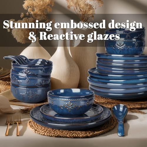 Artena 24-Piece Handcrafted Ceramic Dinnerware Set, Service for 6 – Reactive Glaze Embossed Plates, Bowls & Soup Spoons Included, Dishwasher & Microwave Safe, Blue, Damask Floral - Image 3