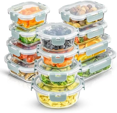 JoyJolt 24pc Borosilicate Glass Storage Containers with Lids | 12 Airtight/Freezer Safe Food Storage Containers for Pantry and Kitchen | Meal Prep Container for Lunch | Glass Tupperware Set by JoyJolt