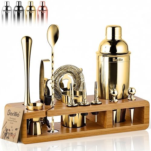 Barillio Gold Bartender Kit - Stainless-Steel Cocktail Shaker Set w/Bamboo Stand - Mixology Bar Tools w/Drink Shaker, Mixer Spoon and Muddler for Cocktails - Home Bar Accessories - 23-Pc Bar Set by Barillio