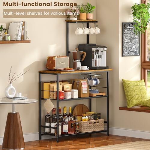 3IngSeagulls Bakers Rack with Storage, Kitchen Microwave Stand with Adjustable Shelf and 6 S Hooks, 4-Tier Coffee Station Table, Kitchen Shelves for Spices, Pots, Rustic Brown - Image 6