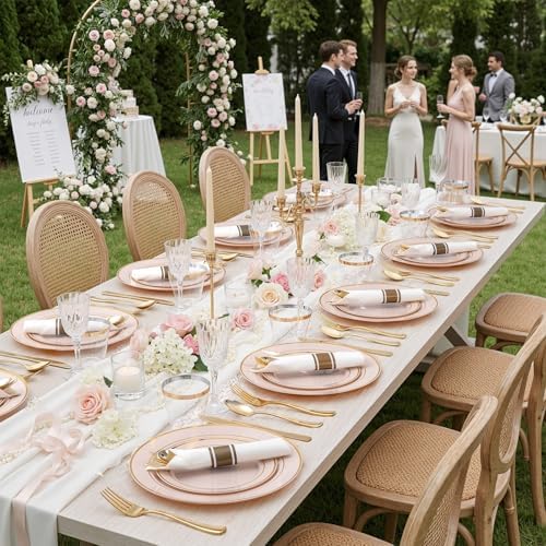 WDF Partyware 350PCS Pink Disposable Plates - Pink Plastic Plates 50Guests Plastic Dinnerware Sets with Rolled Napkins for Wedding/Birthday/Baby shower - Image 6