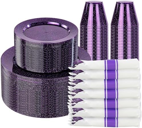 DaYammi 210PCS Purple Glitter Plastic Dinnerware Set for 30 Guests by DaYammiwillaccompanyyou