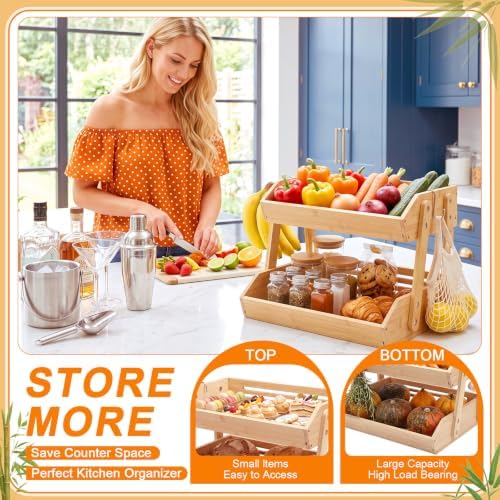 Marsui 2 Pcs 2 Tier 16" Bamboo Fruit Basket for Kitchen Counter, Wood - Image 4