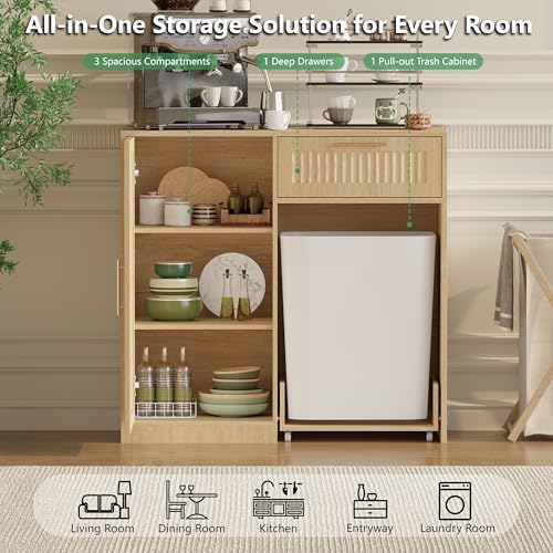 Single 13 Gallon Pull Out Trash Can Cabinet with Storage Cabinet,Natural - Image 3