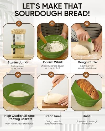 Sourdough Bread Baking Supplies 34 OZ Sourdough starter kit with 2 Bread Proofing Basket - Green - Image 4