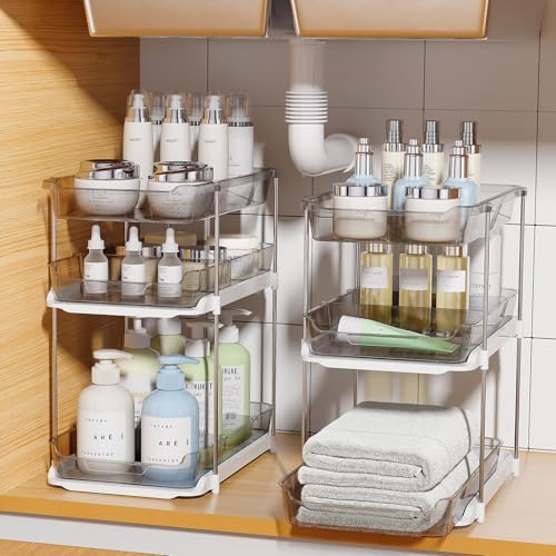 Delamu 2 Pack 3-Tier Bathroom Under Sink Organizers and Storage, Multi-Purpose Stackable Pantry Organization and Storage, Pull Out Clear Kitchen Bathroom Cabinet Organizer with Movable Dividers, Grey by DELAMU