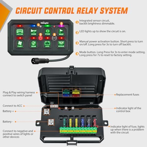 Nilight 8 Gang Switch Panel Green 12V 24V Circuit Control System 4-Mode - Image 3