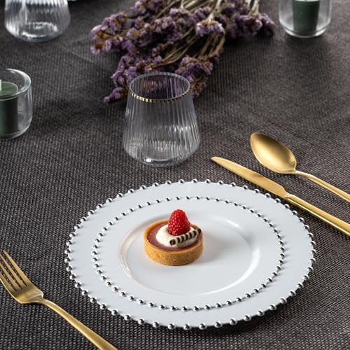 PLASTICPRO 32 Piece Combo Plastic Dinner Plates Disposable Plastic Fancy Heavy Duty Party Dishes 7 inch and 10 inch, White and Silver Beaded - Image 6