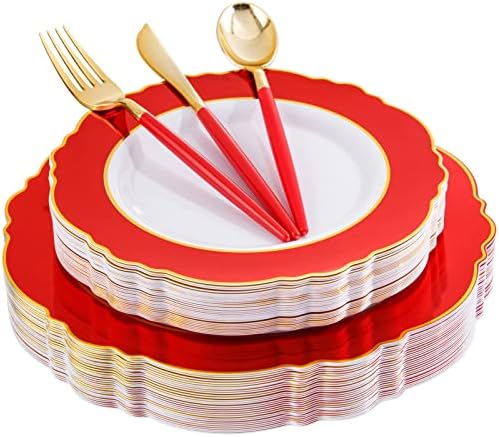 WDF 30Guest Red Plastic Plates - Gold Plastic Silverware With Red Handle - Red Plates Disposable- Baroque Plastic Dinnerware for Wedding Baby Shower Spring Birthday by WDF