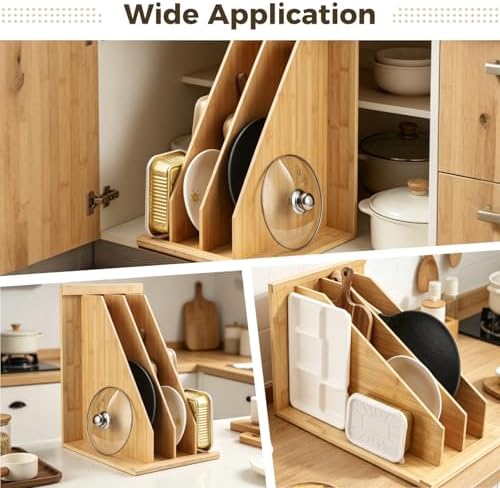 Upgraded Tray Dividers for Cabinets with 3 Slots, Wooden Pan Organizer Rack for Cabinet, Bakeware Organizer for Cutting Boards Lids Cookie Sheets, Pot Pan Storage Rack for Countertop or Cupboard - Image 6
