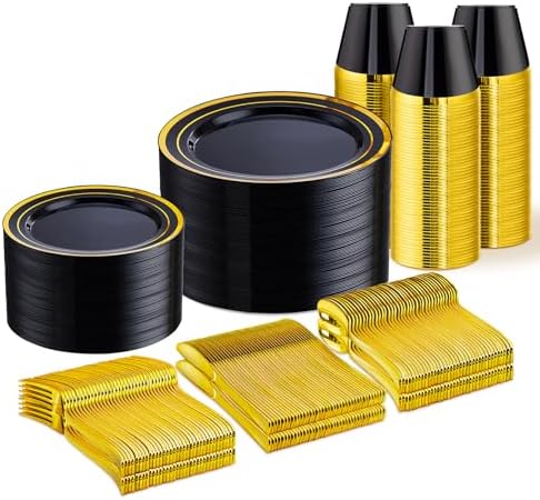 WELLIFE Black and Gold Plates, Plastic Dinnerware Set for 75 Guests by WELLIFE