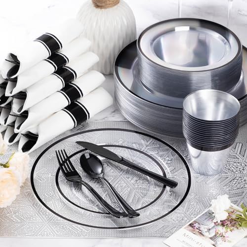 Goodluck 700 Pcs Clear Plastic Plates with Black Rim, Plastic Dinnerware - Image 4