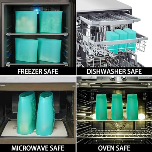 Reusable Freezer Bags Quart Size, 4 Pack, 100% Silicone Stand Up Ziplock Reusable Silicone Food Storage Bags Sandwich Bags Containers, Freezer Microwave Oven Dishwasher Safe, Aqua, 33.8fl.oz - Image 6