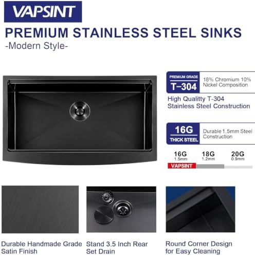 VAPSINT 33 Inch Black Farmhouse Kitchen Sink, 33x20x9 Inches Stainless Steel Undermount 16 Gauge Deep Single Bowl Apron Front Workstation Ledge Farm Sink with Accessories - Image 5