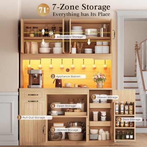 Fluted Kitchen Pantry Cabinet with Charging Station & LED Light, 47" Wide Kitchen Pantry Storage Cabinet with Countertop, Microwave & Appliance Storage, Food Pantry Cabinet for Dining Room ,Natural - Image 3