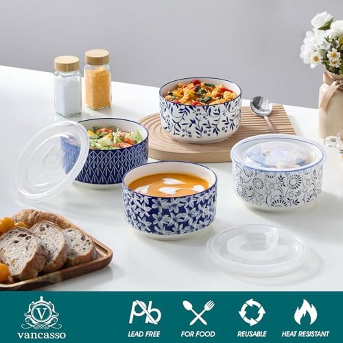 vancasso 36 Oz Ceramic Serving Bowls with Lids Set of 4, Porcelain Lunch Bowls with Lids for Food Storage, Prep Bowl for Kitchen, Microwave & Dishwasher Safe,Series SELENE - Image 3