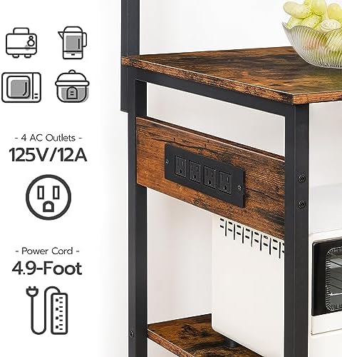 HOOBRO Large Bakers Rack with Power Outlets, 6-Tier Microwave Stand with 4 Hooks, Coffee Bar, Kitchen Shelf with Wire Basket, for Kitchen, Living Room, Office, Rustic Brown and Black BF64UHB01 - Image 4