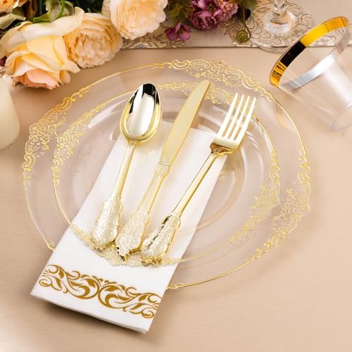 Bestluck 175PCS Ivory white Plastic Plates for 25 Guests (Clear Gold, 25 Guests Set) - Image 4