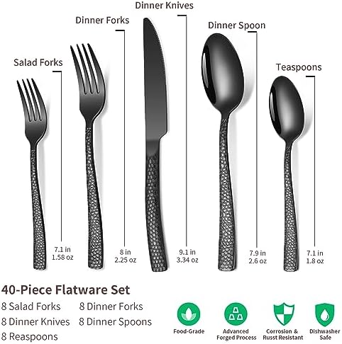 Remoxye 40-Piece Silverware Set, Black Hammered Stainless Steel Flatware Sets for 8, Food-Grade Tableware Set, Including Fork Knife Spoon Set, Durable Home Kitchen Cutlery Sets, Dishwasher Safe - Image 2