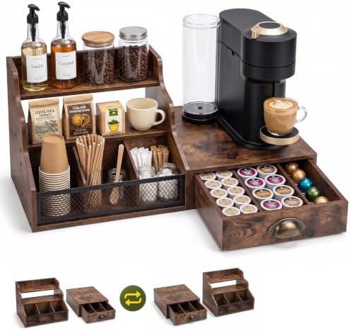 Coffee Station Organizer 3-Tier Syrup Rack with K Cup Holder Drawer by YUHFERA