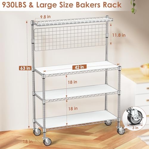 Bakers Rack with Storage & Wheels, 42In Microwave Stand Kitchen Shelves - Image 3