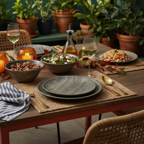 TP 18-Piece Dinnerware Set, Melamine Dishes Set with Bowls and Plates, Service for 6, Non-breakable Lightweight Dining Tableware, Grayish-brown Wood Grain - Image 3