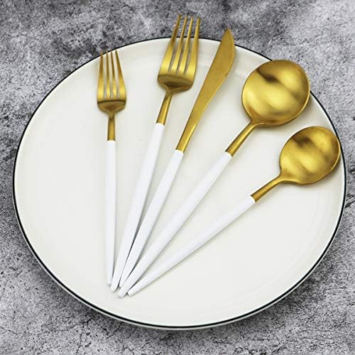 20-Piece 18/10 Stainless Steel Flatware Silverware, Luxury Dinnerware Set Travel Cutlery Tableware Include Knife Fork Spoon Service for 4, Dishwasher Safe (White Handle Matte Gold) - Image 4