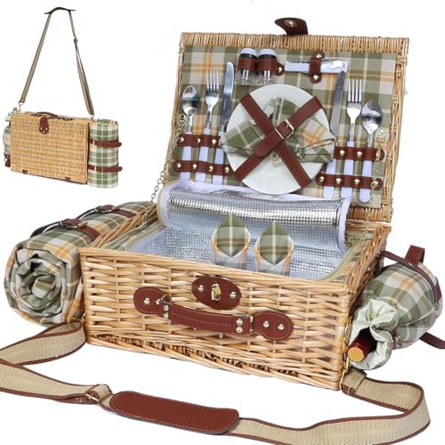 Wicker Picnic Basket for 2, Blanket & Wine Pouch, 16.6" Green by HYBDAMAI