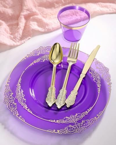 Goodluck 175 Piece Clear Purple Plastic Dinnerware Set for 25 Guests - Image 4