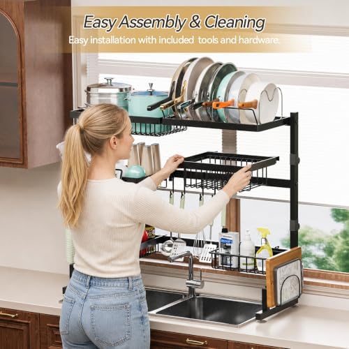 ADBIU Over Sink Dish Drying Rack (Expandable Height/Length) Snap-On Design Large Dish Drainer Storage Counter Organizer 32-40L x 12W x 34-38H (inches) - Image 6