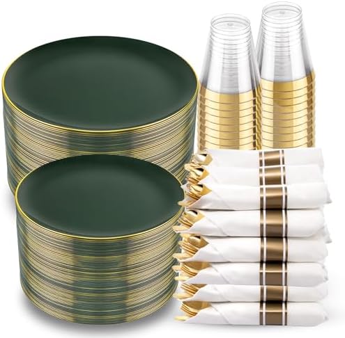KIRE 350PCS Green and Gold Plates - Plastic Dinnerware Set for Christmas by KIRE