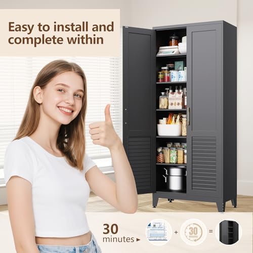 61" H Kitchen Pantry Cabinet, Freestanding Storage Cabinet with Louvered Doors, Adjustable Shelves Tall Kitchen Cabinet for Kitchen Dining Room Laundry Room, 61" H x28 W x14 D, Black - Image 6