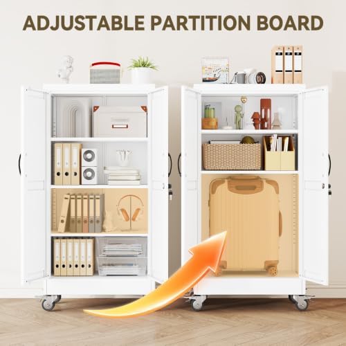 Metal Storage Cabinets with Wheels, Steel Tool Cabinets Lock Door and 3 Adjustable Shelves for Home Office, Garage, Kitchen (White, 47.2" H) - Image 6