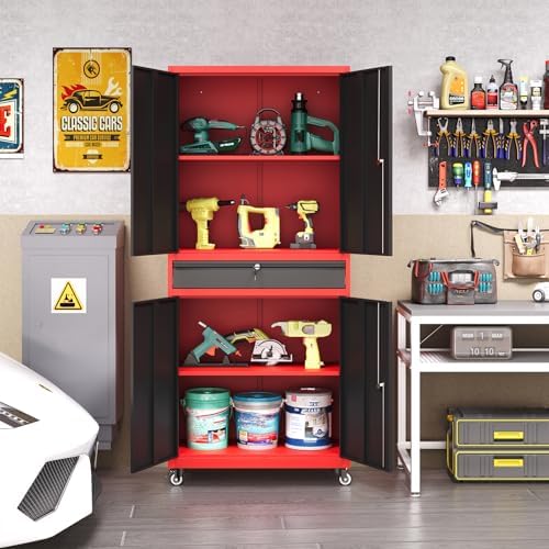 Metal Garage Storage Cabinet with Wheels, Rolling Garage Cabinet with Locking Doors and Adjustable Shelves, 73" Heavy Duty Steel Tool Cabinet with Drawer for Garage, Warehouse(Red Black) - Image 6